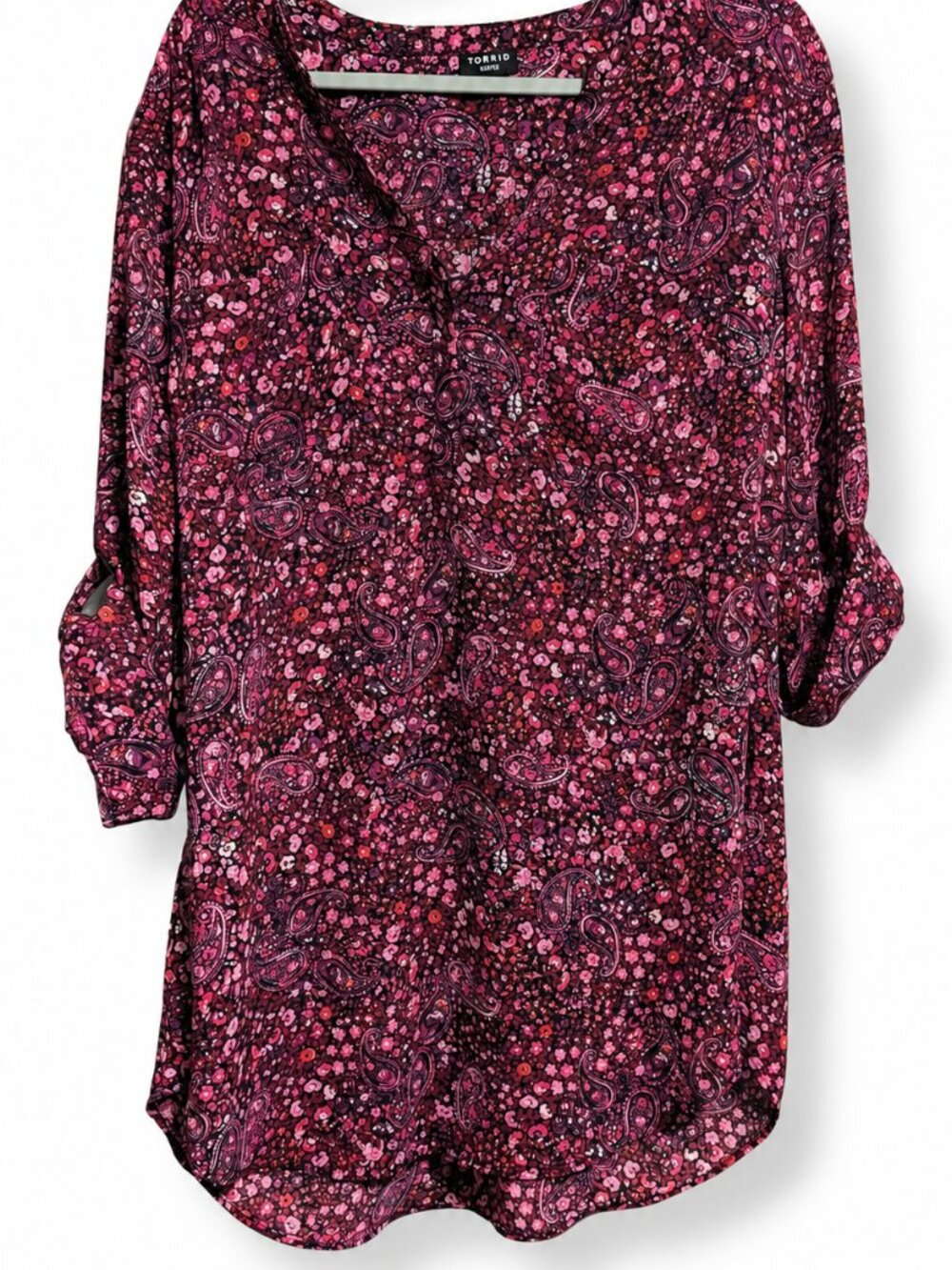 Torrid Harper Floral Paisley Blouse Pink Purple Roll Tab Sleeve Size 2 - Picture 2 of 6